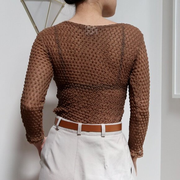 Vintage 90's Olive Green Lace Top, 3/4 Sleeve Thin Sweater, Sheer See Through - Picture 4 of 7